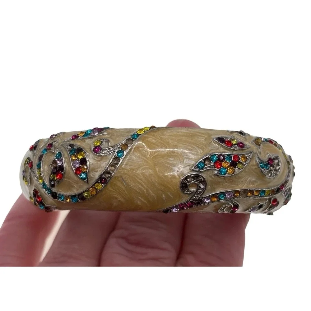 Vintage Rhinestone Bracelet Cream Marbled Enamel Hinged Clamper Art Nouveau READ